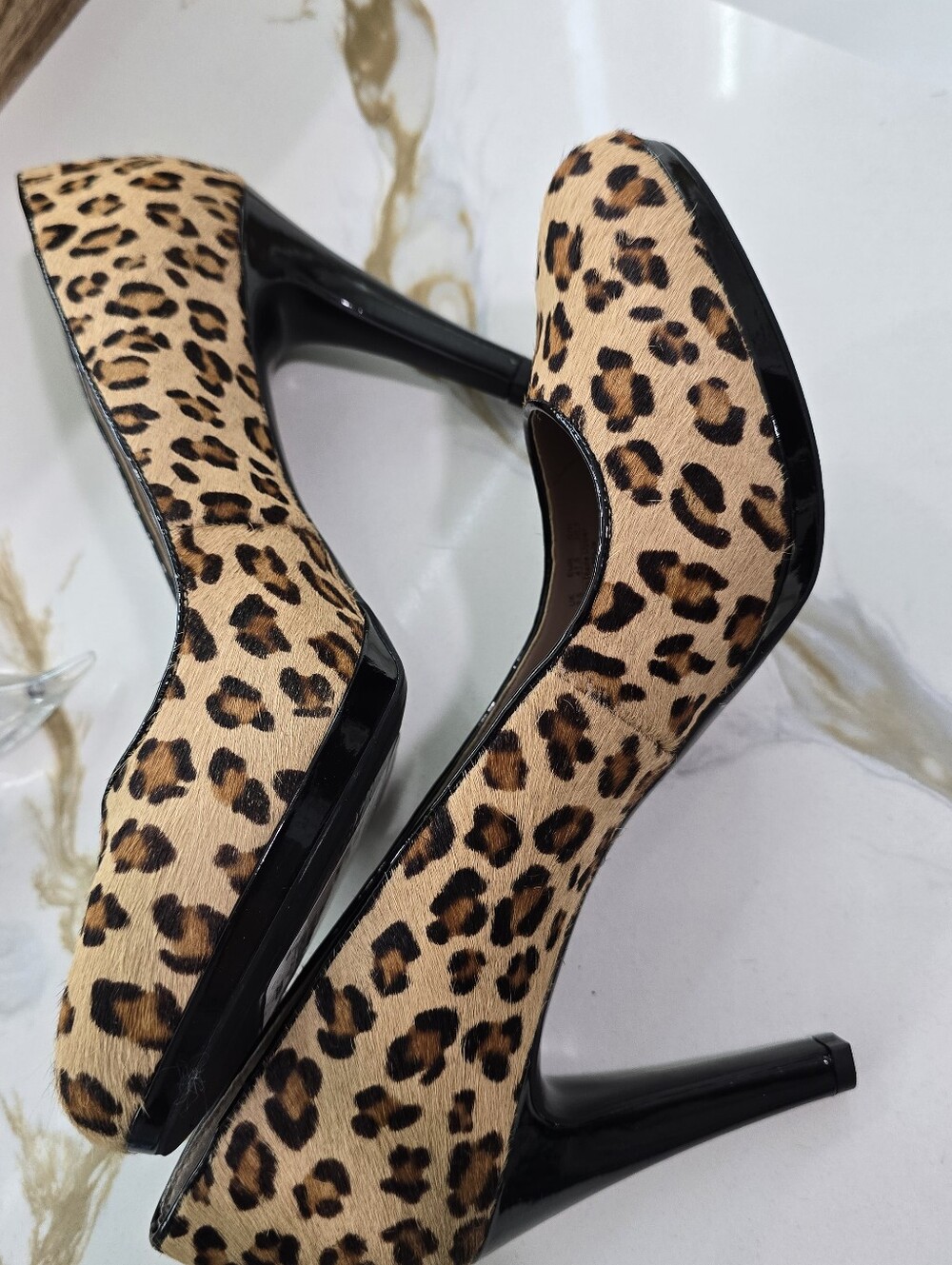 Franco Sarto Leopard Print Pumps with Black Patent Heel
